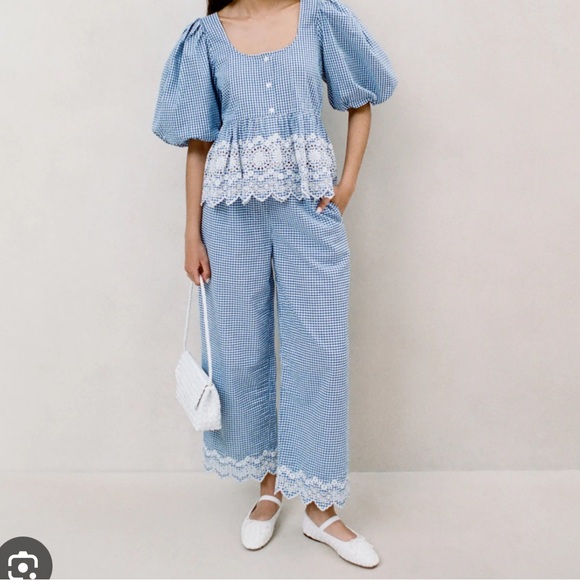 Loeffler Randall Blake blue gingham eyelet broderie embroidered pants small - Picture 1 of 7
